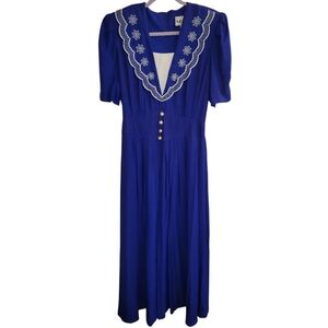 S.L. Fashions Royal Blue Midi Dress with Embroidered Collar Vintage 90s